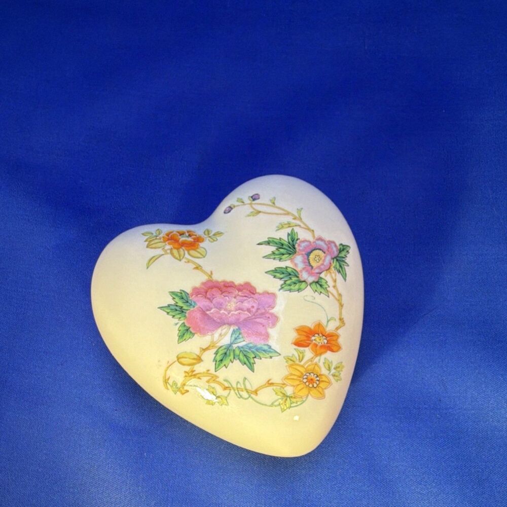 Vintage Takahashi San Francisco Porcelain Heart Jewelry Trinket Box Floral Japan